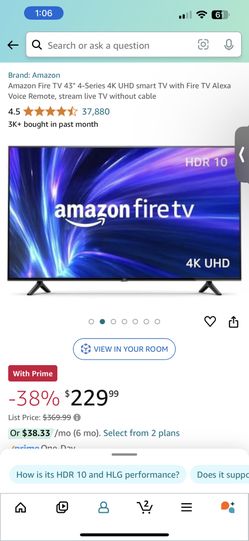 Amazon Fire TV 43" 4-Series 4K UHD smart TV with Fire TV Alexa Voice Remote, stream live TV without cable