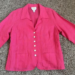  Talbots 100% Linen Button-up Pocket Blazer 3/4 Sleeve Ruffled Hem Petite 14