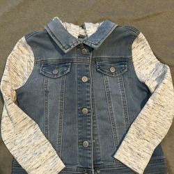 5T Girls Jean Jacket With Cotton Sleeves And Hood With Cat Design