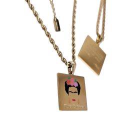 18K Gold Plated Frida Kahlo Pendant & Rope Chain Necklac