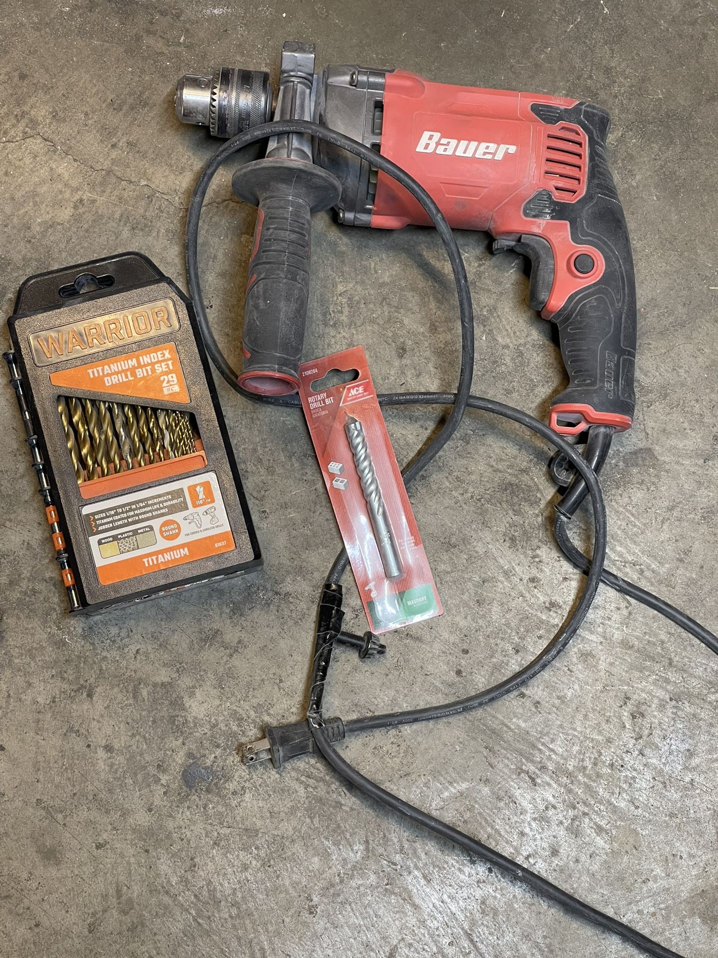BAUER 7.5 Amp 1/2 in. Variable-Speed Hammer Drill with drill bit set