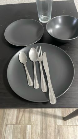 IKEA kitchenware (5 plates, 6 small plates, 6 bowls, 4 glasses + forks, knifes and spoons)