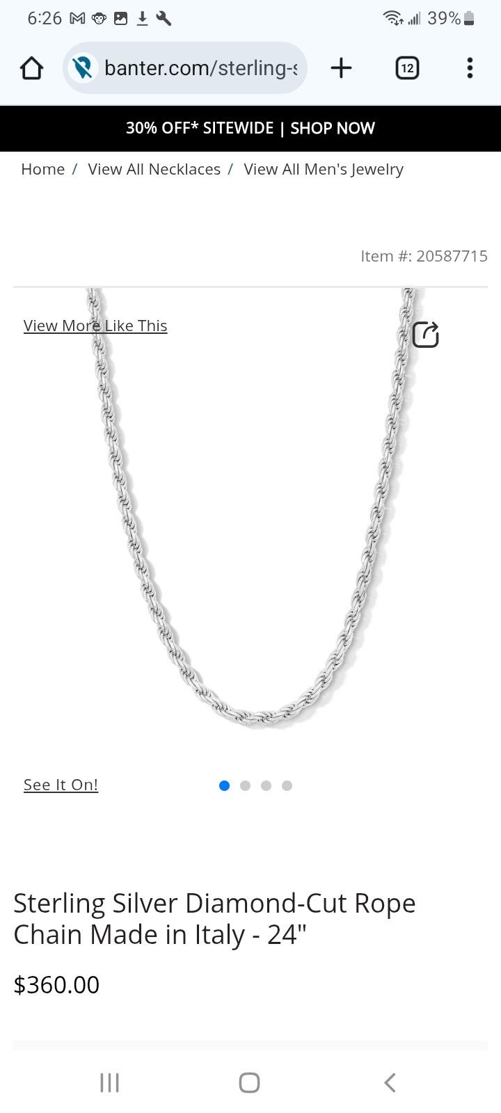 925 Silver Diamond Cutt Rope Chain- 24"
