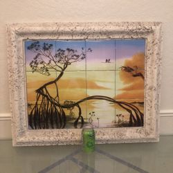 Ceramic Tile Mural Mosaic Framed Art Heron Bird Tropical Florida Scenery Framed Faux Concrete