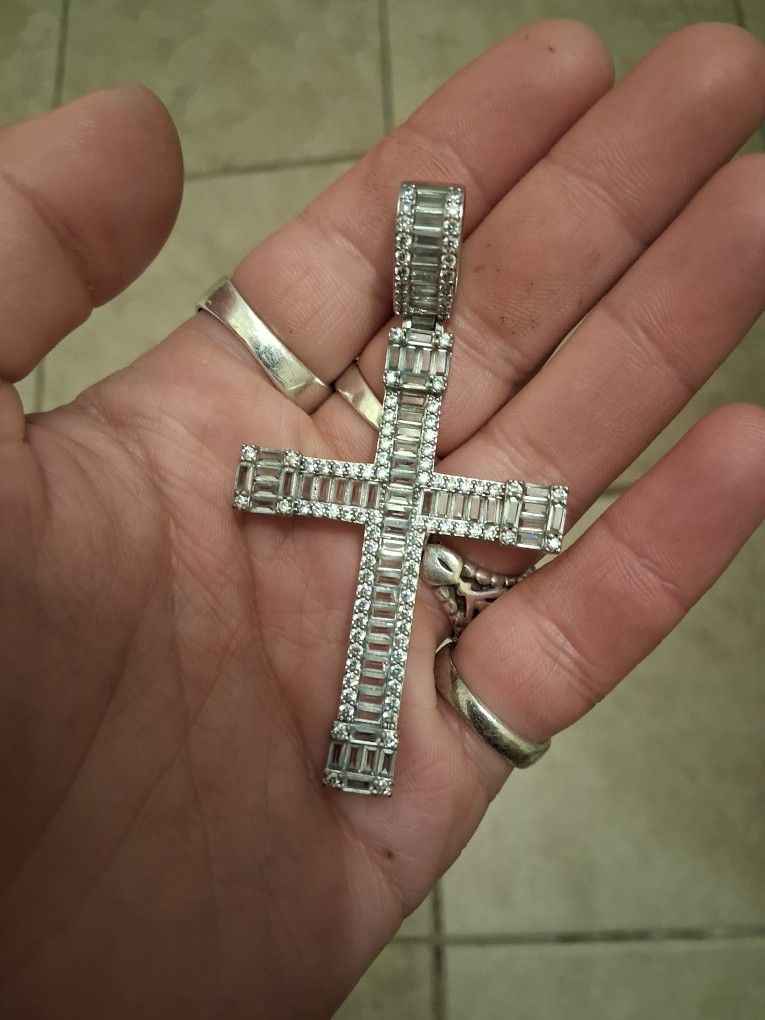 Large Rhodium Plated CZ Cross Pendant 