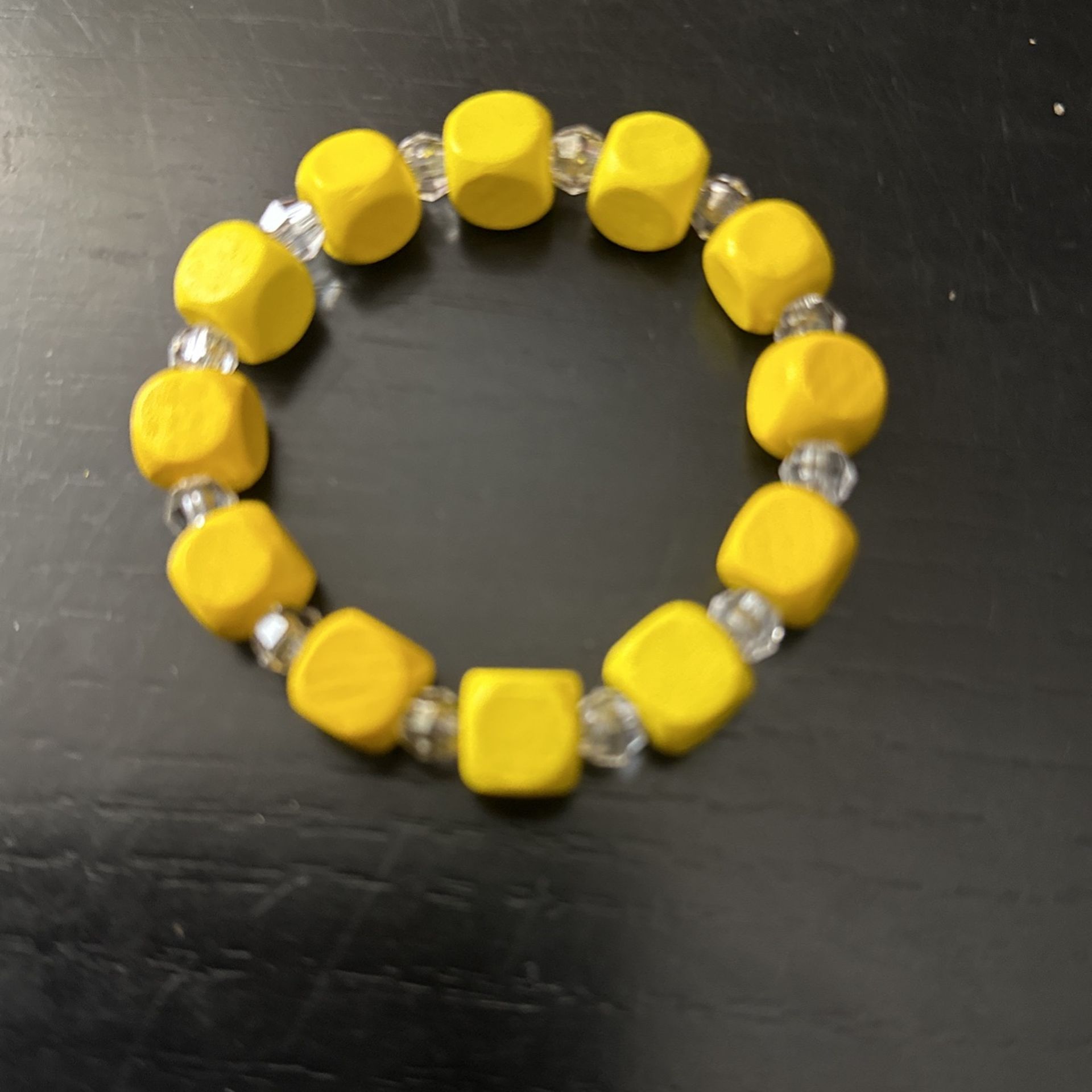 Yellow Square Wood Beads, And Clear Beads Bracelet