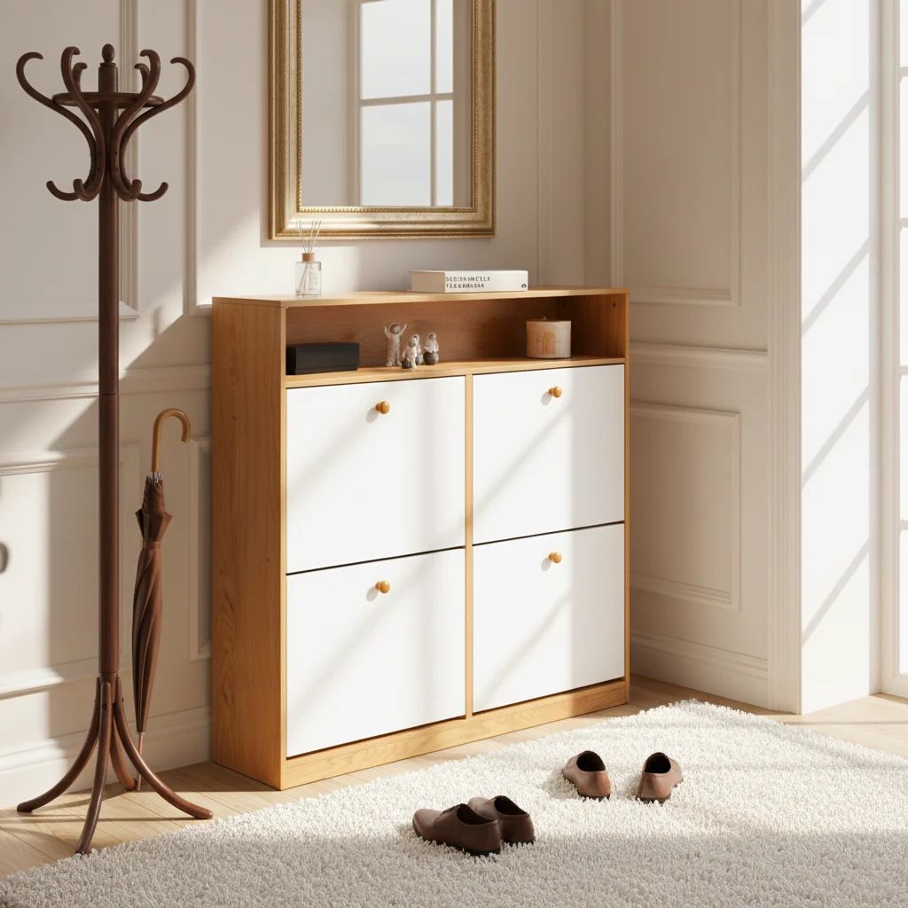 Liora Shoe Cabinet · 4 Tilt-Out Drawers · Slim Storage · White/Natural