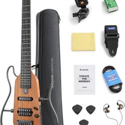 Donner HUSH X Electric Guitar Kit - Featherlight Headless Guitar, Great for Travel and Practice, Mahogany Solid Body with Easy Assemble Stands, Gig Ba