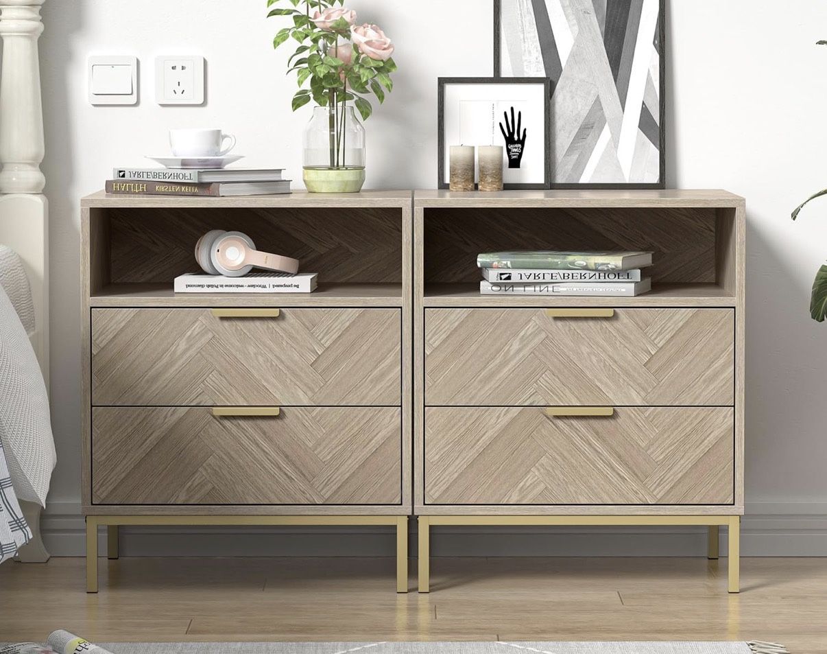 Modern Set of 2 Nightstand for Bedroom, 2PCS Nightstand with 2 Drawer Square Bedside Table End Table with Storage for Bedroom, Sofa Side Table 2 Drawe