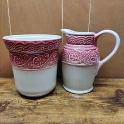 Longaberger Pottery Pitcher & Crock Set - Rare Red Heritage Pattern