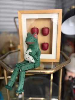 Hand-Painted Wooden Frog Figurine and Apple Shadow Box Art