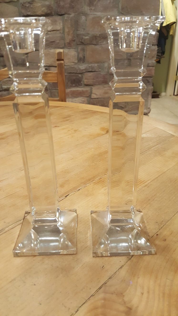2 tall glass candle holders