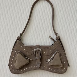 Western Boho Taupe Studded Buckle Hand Bag