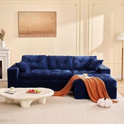 102'' L-Shaped Corduroy Cloud Couch, Modular Sectional Sofa with Ottoman, Soft Upholstery,Blue