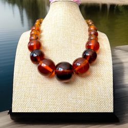 Vintage & Stunning Cognac Color With Black Swirl Graduated Baltic Amber Necklace 20”inch & 126 grams.