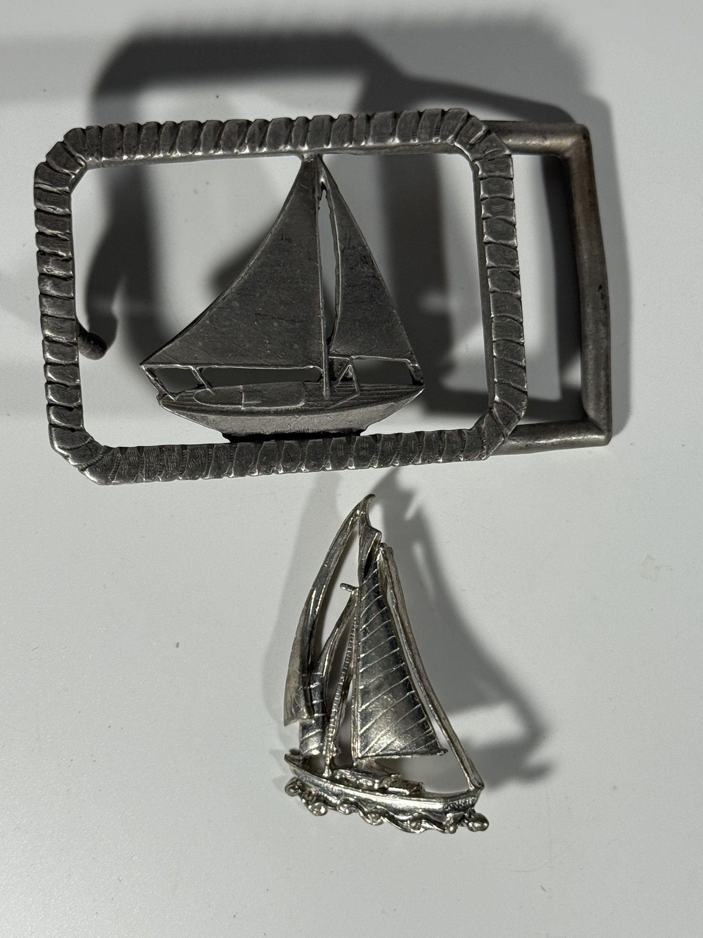vintage custom signed & dated sailboat brooch & pewter belt buckle