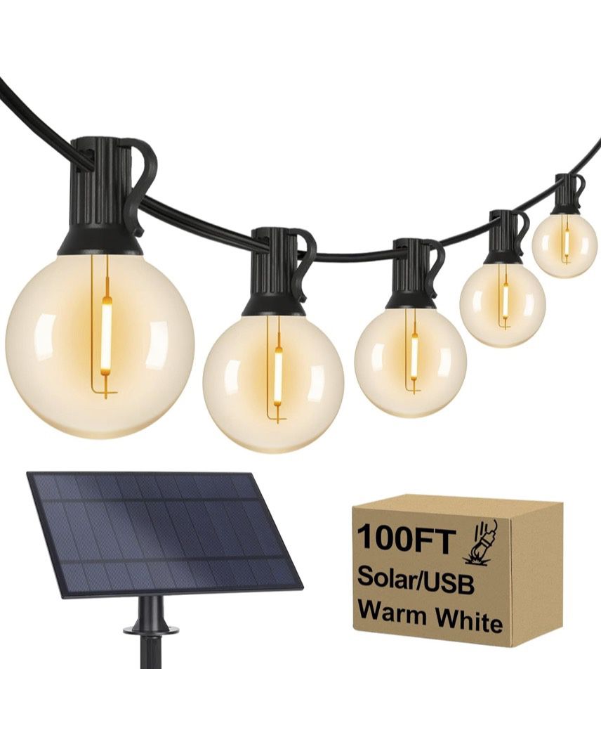 100FT G40 Solar String Lights, Globe Outdoor String Lights with 52 E12 Waterproof LED Bulbs, 2700K Shatterproof Patio Lights, Solar 