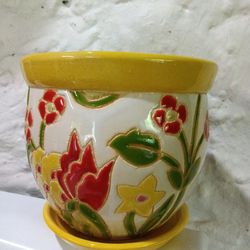 Vintage planter Pot tiled Flowers W Drain Holes And Platter 