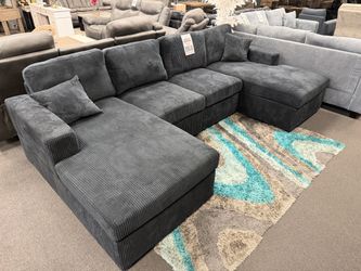 Large Black Corduroy Sectional Sofa with Chaise