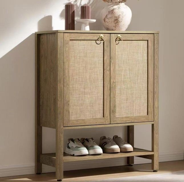 SR111A1XBKY1152 new in box Rattan Shoe Cabinet with Storage - 5 Tier Farmhouse Boho Shoe Organizer Storage Cabinet with Shelves & Doors, Tall Shoe Rac