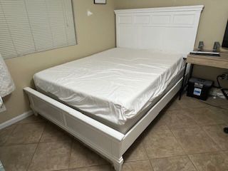 Beautiful White Queen Bed Frame With Foam Mattress And Box Spring And Sheets