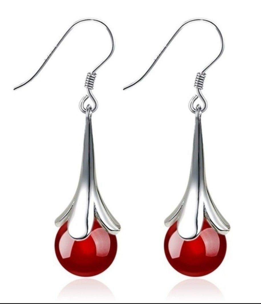 925 Sterling Silver Round Red Moonstone Dangle earrings