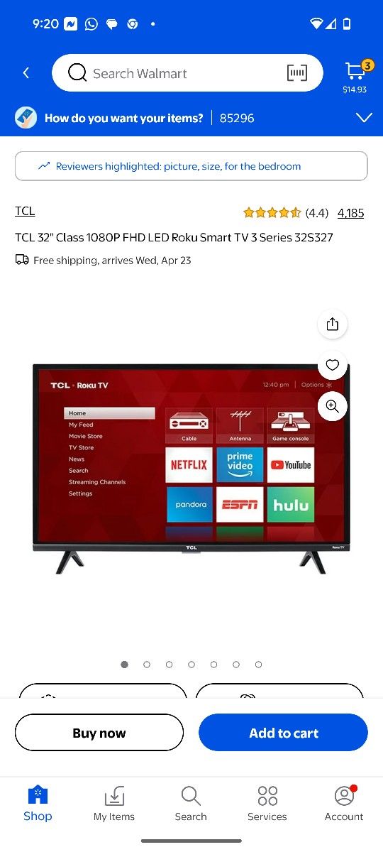 TCL 32" Class 1080P FHD LED Roku Smart TV 3 Series 325327