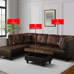Brown Lint And PVC 3-Piece Couch Living Room Sofa Set