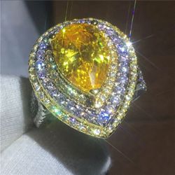 S925 Sterling Silver Water Drop Yellow Cubic Zirconia Luxury Fine Jewelry Ladies Engagement Party Gift（size7, 8)
