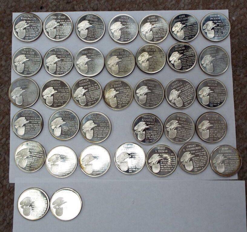 FRANKLIN MINT 36 SILVER COIN PRESIDENTS OF THE U.S. SET MINT COLLECTIBLE . USED 36 PRESIDENT SILVER COINS I AMD MISSING THE 24TH BUT I HAVE THE 37TH.