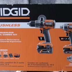 Ridgid 18v Brushless Coordless 2 Tool.combo Kit With Hammer Drill, Impact Driver, Batteries  Charher And Box