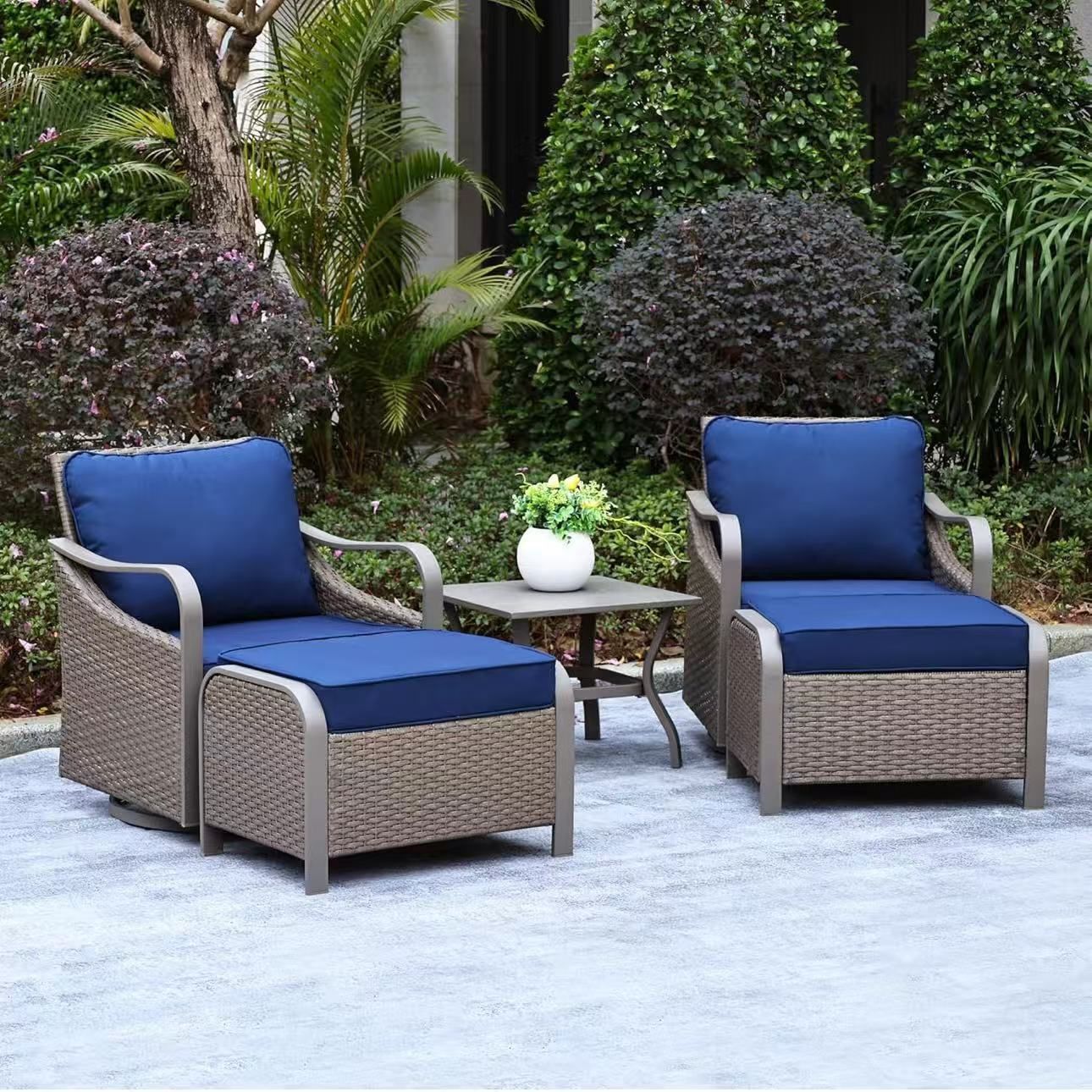 5 Piece Swivel Rocker Glider Outdoor Chairs Set of 2 with Ottoman and Metal Side Table, Patio Bistro Furniture Set, All-Weather Wicker Patio Conversat