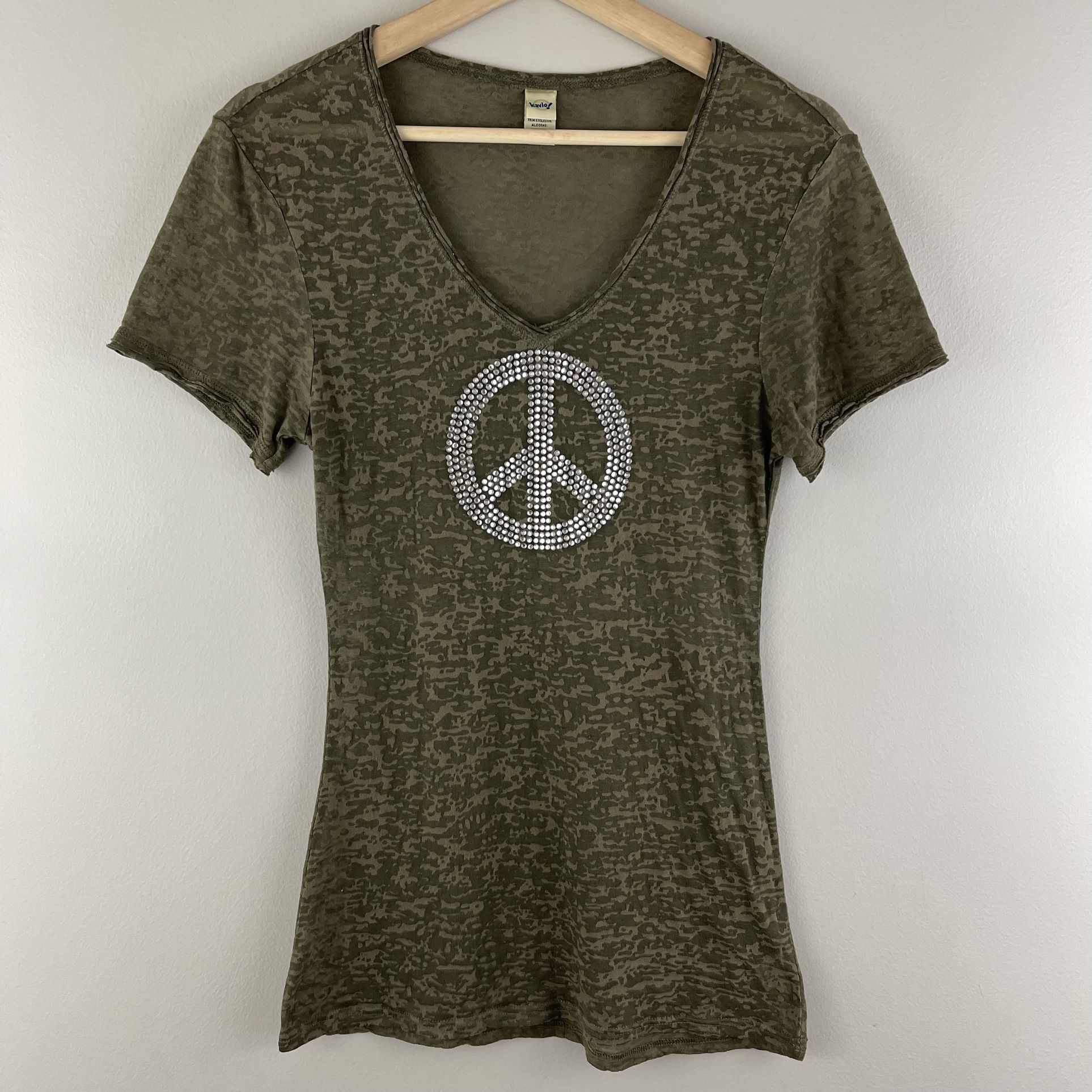 Vintage Y2K Army Green Sheer Burnout V Neck Peace Sign Rhinestone Graphic Tee