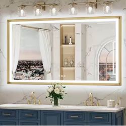 60 in. W x 36 in. H Rectangular Framed LED Lighted Bathroom Vanity Mirror with Light in Gold with Backlit and Anti-Fog 