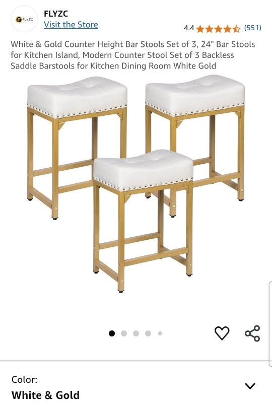 White & Gold Counter Height Bar Stools Set of 3