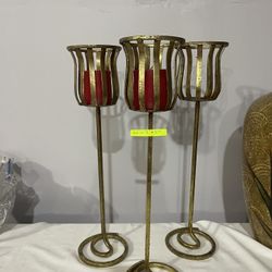 Set Of 3 Gold Candle Holders 18”