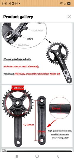 Cyclon Single Speed Square Taper Crankset, 170mm Mountain Bike Crankset with 104BCD
36T/Narrow Wide Tooth Round Black Chainring, Replacement for Bicy
