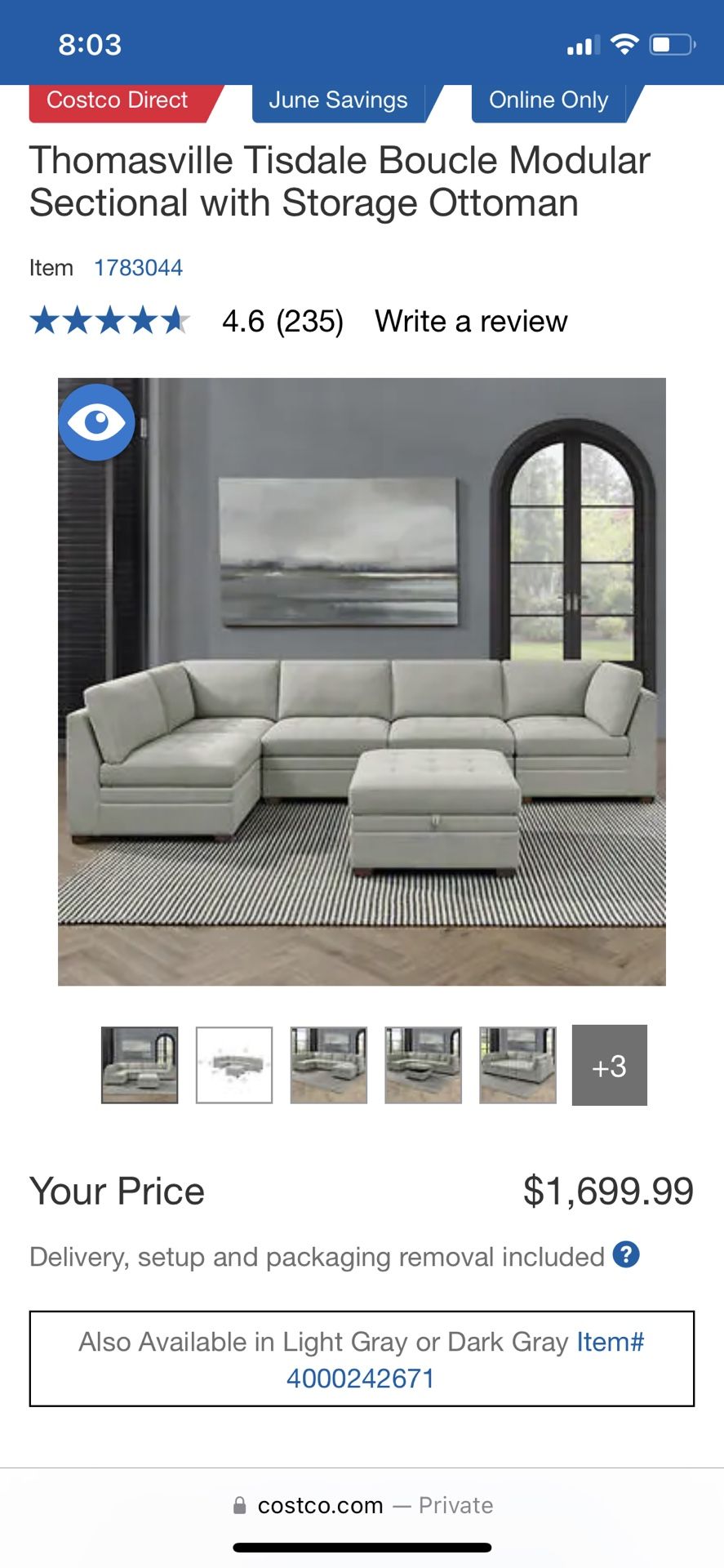 Used Condition Thomasville Tisdale Boucle Modular Sectional with Storage Ottoman