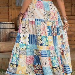 Plus size Lightweight Print Patchwork Design Maxi Skirt (s. 14–16) — Brand New!