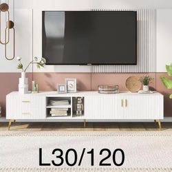 L30🔥Modern TV Stand for TVs up to 78 Inches, Fluted Entertainment Center with 2 Door Storage Cabinets, Drawer and Shelves, Wood Media Console with Me