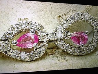 Modern 14k white gold pink sapphire and 1/3 carat diamond ladies pendant drop