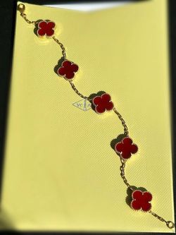 18k yellow gold Red Van cleef Alhambra style Carnelian 5 motifs clover shape stone bracelet