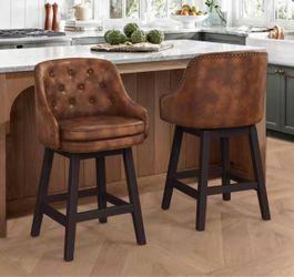Pair of Tufted Swivel Bar Stools with Nailhead Trim