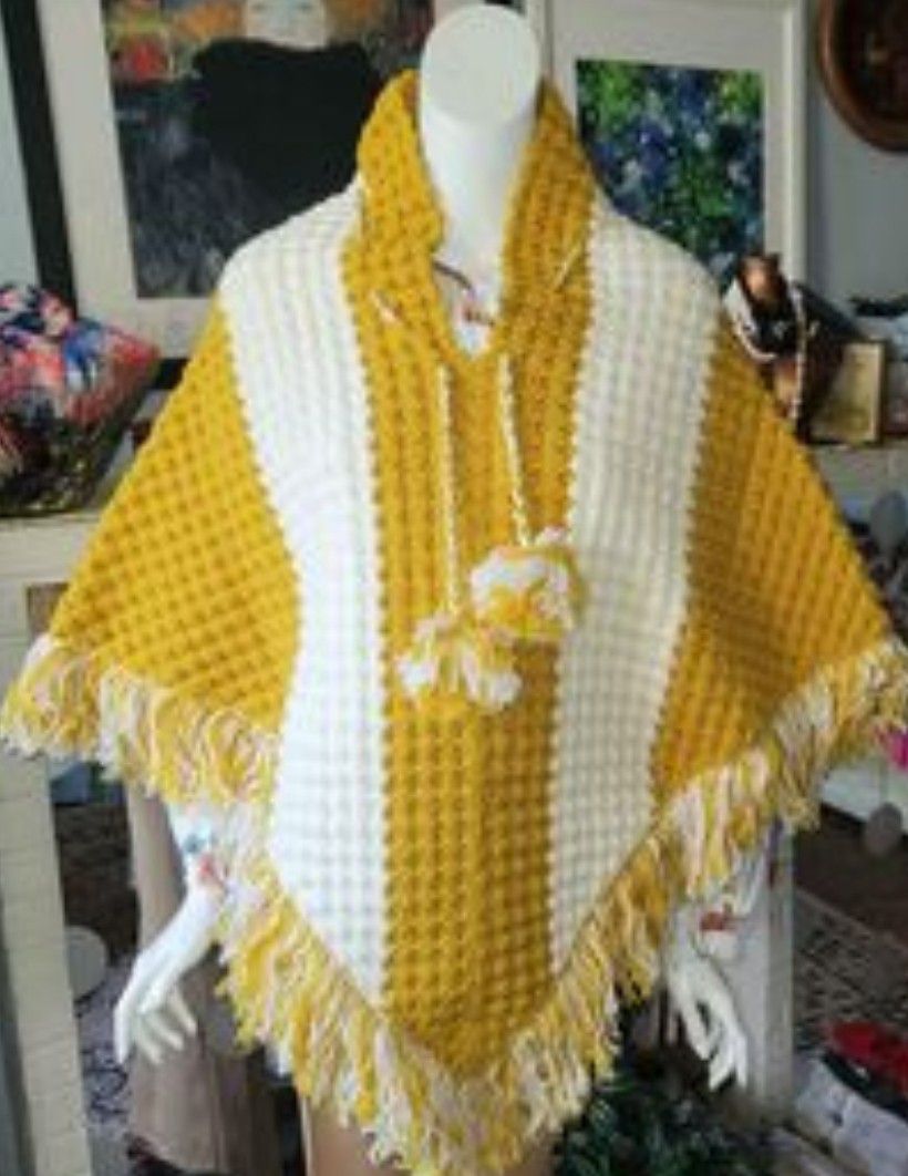 Vintage Handmade 70/80's Mustard Yellow & White Crochet Poncho $50