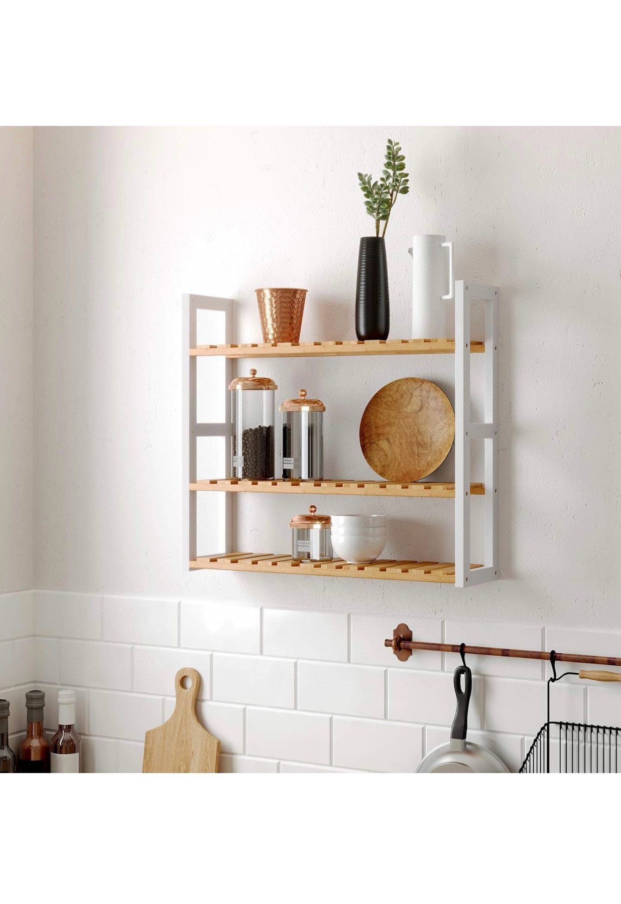 Bamboo Bathroom Shelf, 3-Tier Adjustable Rack, Wall-Mounted or Stand, in The Living Room, Balcony, Kitchen, Natural and White