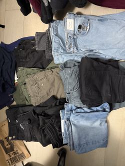 Mixed lot of jeans and pants, Super Baggy astronaut jeans, black, olive green