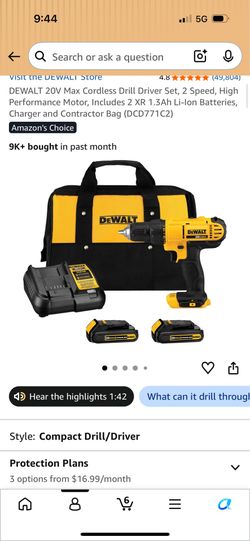 DEWALT 20V Max Cordless Drill Driver Set, 2 Speed, High Performance Motor, Includes 2 XR 1.3Ah Li-Ion Batteries, Charger and Contractor Bag (DCD771C2)
