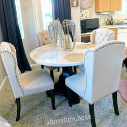 -Rustic Round Marble Dining Table  + 4 Elegant Beige Tufted Chairs
