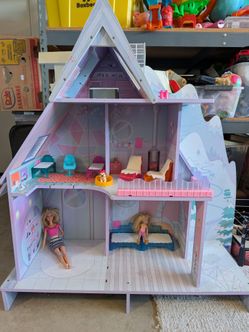 Wooden A-Frame Dollhouse with Furniture and Dolls