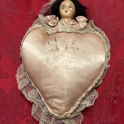 Early Antique Doll With Heart Sawing Pin Holder